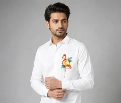 Pure White Hand-Painted Flamingo Shirt for Mens Collection